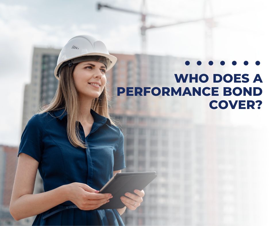 Who does a Performance Bond cover? - A contractor checking the area with her iPad. Wearing a hard hat. Constructions area.